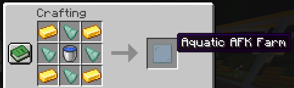 Receita da AFK Aquatic Farm: Lingote de Ouro nos cantos, Fragmento de Prismarine nas bordas, Balde de Água no centro